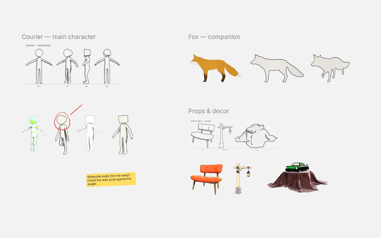 The same board on a light background: sketches, 3D models and a yellow sticky note.