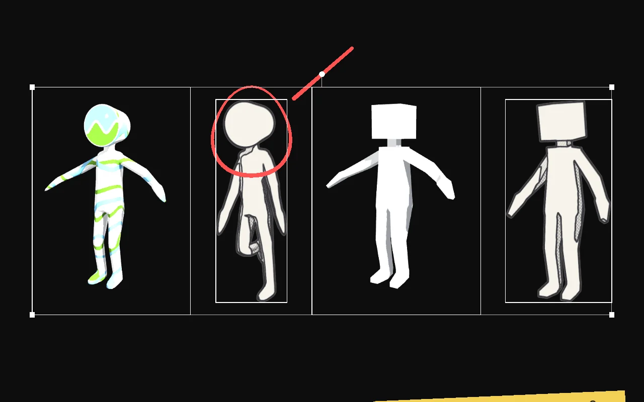 Two 3D characters lined up with their pencil sketches, all four standing on the same ground line.