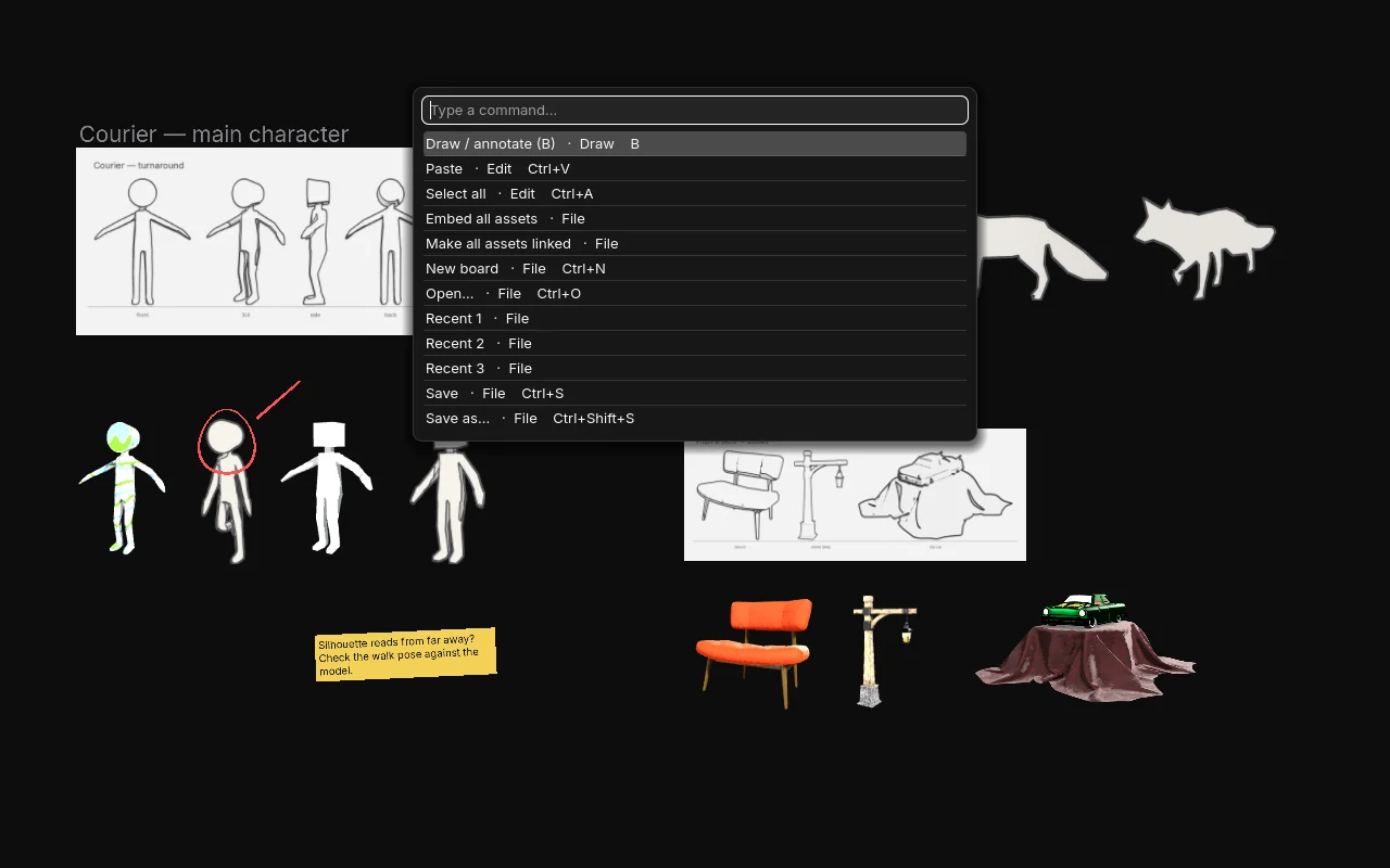 Command palette listing actions with categories and shortcuts.