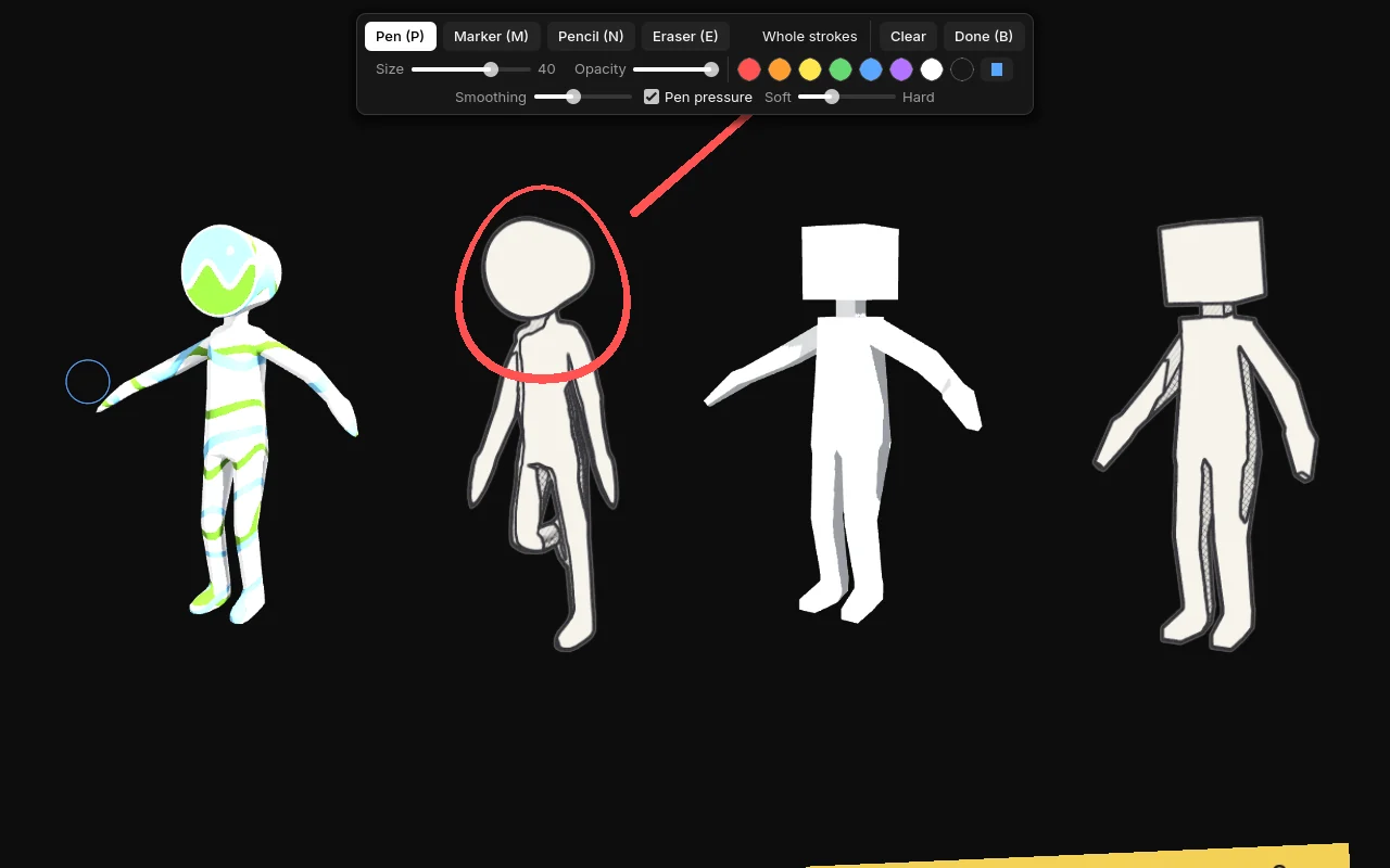 Draw mode toolbar with brush buttons, size, opacity, smoothing and pressure controls, and colour swatches.
