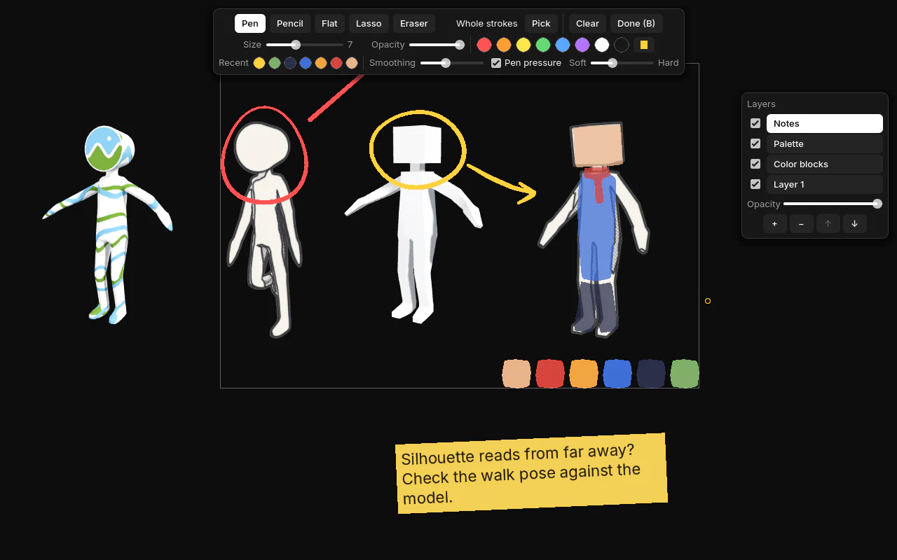Draw mode on a board: the brush toolbar at the top, the layers panel on the right and colored strokes over 3D models and sketches.