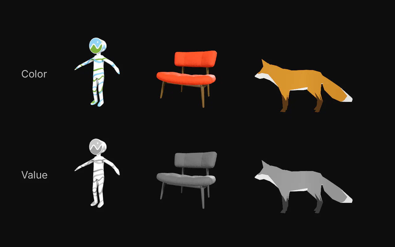 The same 3D models in color, and below in grayscale to compare values.